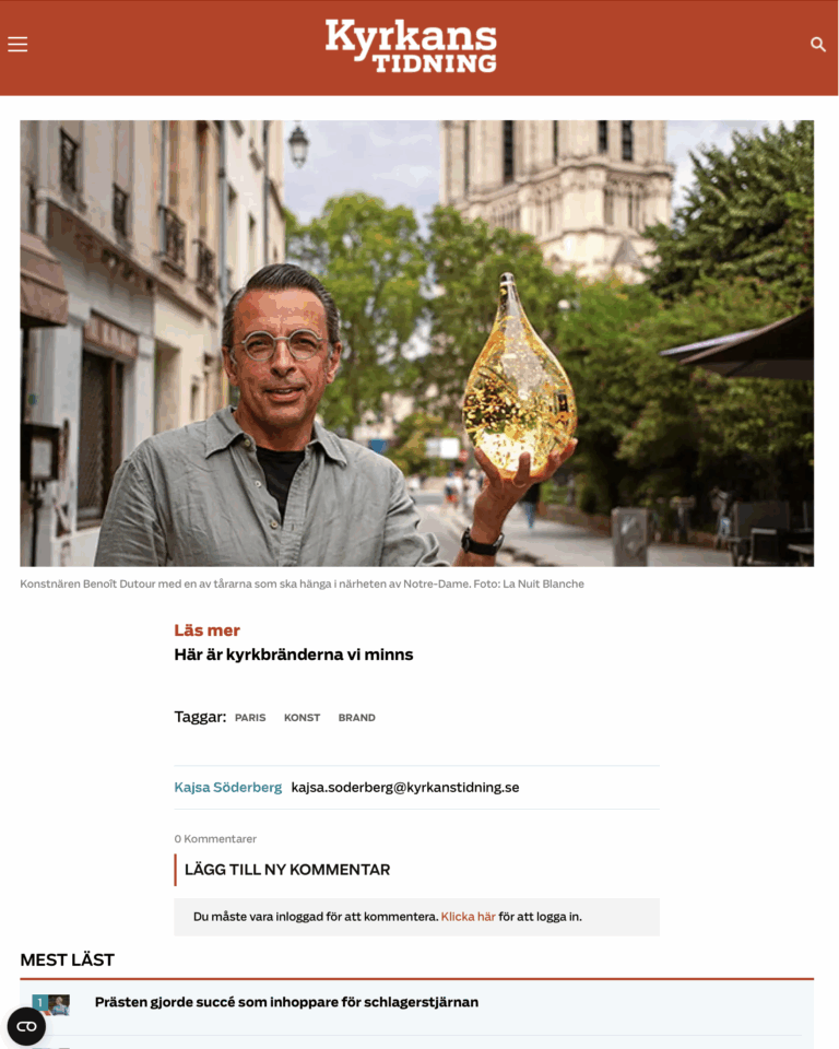 <a href=https://www.kyrkanstidning.se/kultur/konstprojekt-fyller-krubban-i-madeleinekyrkan" target="_blank" rel="noopener"> Kyrkans Tidning (Suède) </a>
