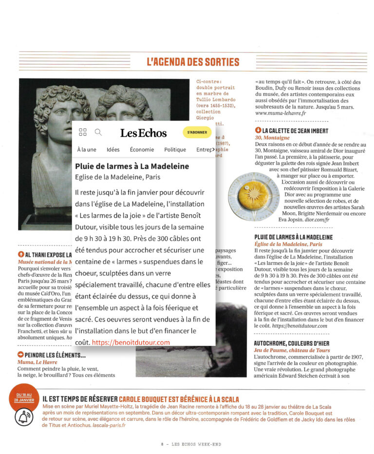 <a href="https://www.lesechos.fr/weekend/spectacles-musique/spectacles-expos-sorties-ce-quil-ne-faut-pas-manquer-ce-week-end-1894501" target="_blank" rel="noopener">  Les Echos </a>