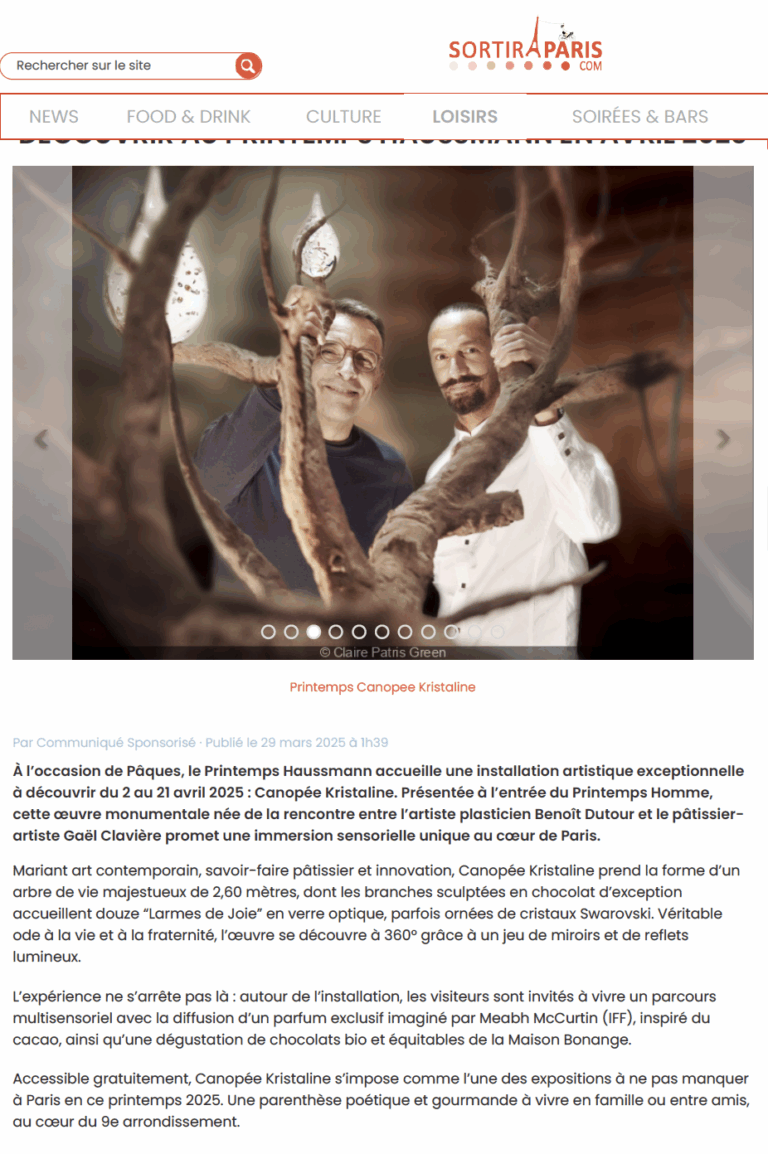 <a href="https://www.sortiraparis.com/arts-culture/exposition/articles/299579-larmes-de-joie-l-exposition-inedite-de-benoit-dutour-au-printemps-haussmann#:~:text=Larmes%20de%20Joie%2C%20l'%C3%A9v%C3%A9nement,emm%C3%A8ne%20dans%20son%20univers%20po%C3%A9tique" target="_blank" rel="noopener"> Sortir à Paris (Printemps Haussmann Femme) </a>